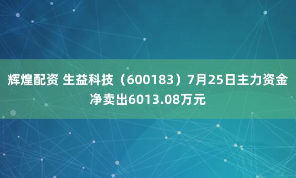 辉煌配资 生益科技（600183）7月25日主力资金净卖出6013.08万元